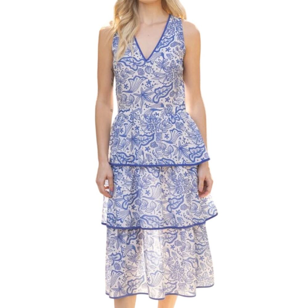 Voy NEW White Blue Floral Tiered Flowy Sheer Sleeveless V-neck Tassel Midi Dress